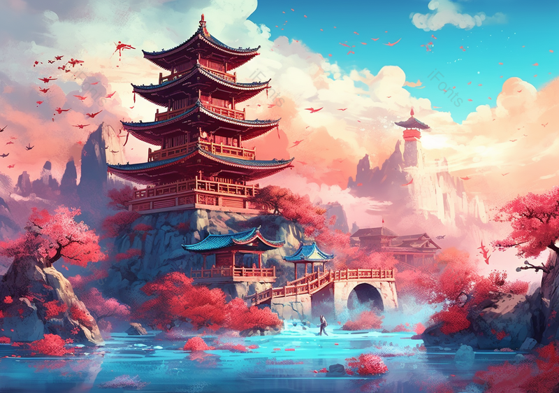 中式古建筑山水国潮风插画背景,插画/手绘图,插画/手绘图库,插画/手绘图下载,插画/手绘